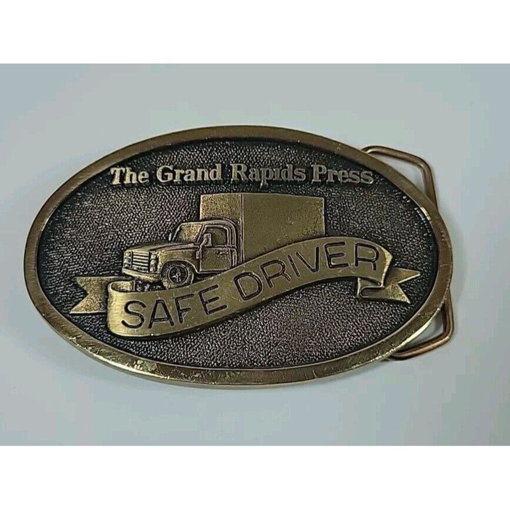 The Grand Rapids Press Belt Buckle  Safe Driver Trucker Vintage 80s Solid  Brass